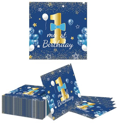 Kotkiddy 40 Stück Papierservietten 33x33cm Blau für Jungen Erster Geburtstag 1 Jahr Deko 1. Geburtstagsdeko Servietten Geburtstag Deko
