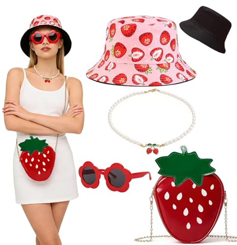 YDUNARISE 4er Erdbeer Kostüm Accessoires Damen,Bedrucktem Fischerhut Strawberry Umhängetasche Perlenkette Rote Blumenbrille,Süße Obst Kostüm für Fasching Karneval Mottoparty (A)