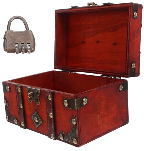 TEHAUX Petit Coffre à Trésors en Bois Rétro avec Serrure Boîte à Bijoux Vintage Rouge Xiao Coffre de Rangement Sécurisé pour Bagues et Boucles D’Oreilles Organisateur Décoratif pour