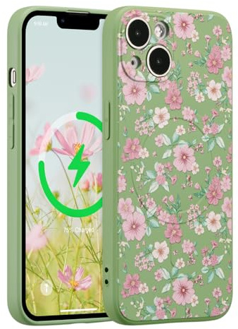 RALEAVO Case for iPhone 15 Magnetic for Magsafe Flower Cover, Green/Pink | For iPhone 15 Floral Case, Compatible with Magsafe, Liquid Silicone Shockproof Material, Cute Cover for Girls Women
