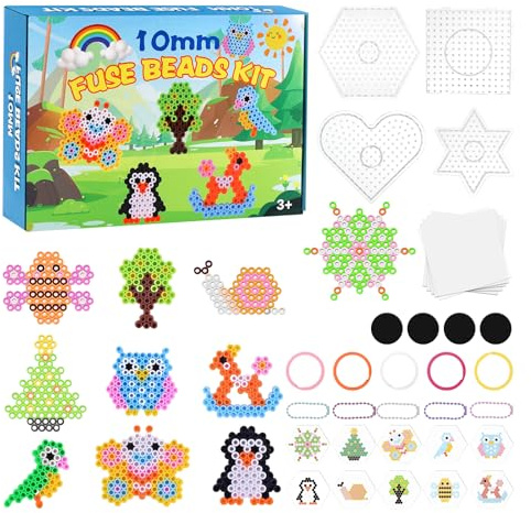 Exsink Bügelperlen Set Groß 10mm, 1100 Stück XL Steckperlen 10 Farben mit 4 Bügelplatten, 10 Muster 5 Bügelpapier 5 Schlüsselanhänger und Zubehör, DIY Geschenk Handwerk für Kinder ab 3 Jahren