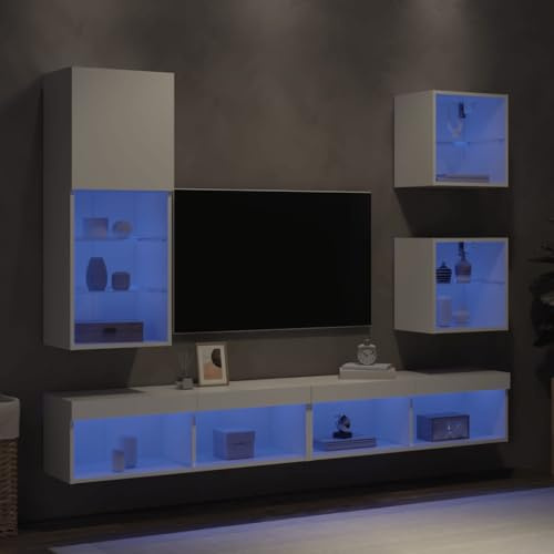 Mokuyary 5-TLG. Wohnwand mit LED-Beleuchtung Weiß Holzwerkstoff, Hängende TV Bank mit Fächer und Tür Schwebende, Wandmontierte TV-Schrank TV Lowboard TV-Ständer für Wohnzimmer, Büro