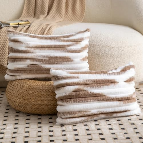 Madizz 2er Set Kunstpelz Plüsch Dekorative Kissenbezüge Flauschig Gestreifte Weich Dekorative Kissenbezug für Sofa Schlafzimmer Kissen Shell Braun Weiß 40 x 60 cm