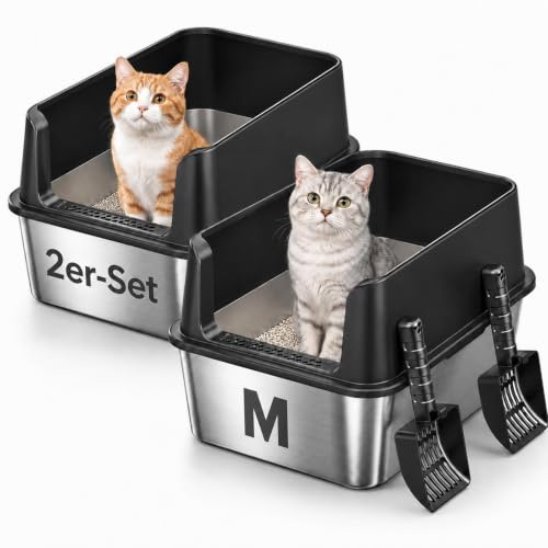 2er-Set Katzentoilette Edelstahl mit Hoher Rand für Katzen bis 5 kg & 2 Katzen, Offenes Katzenklo, Auslaufsicher & Einfach zu Reinigen, Antihaft Inklusive Schaufel, Schwarz