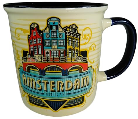 Amsterdam Est. 1275 Keramik Tasse im Vintage-Design – Maritimer Kaffeebecher Holland Souvenir – Weiß/Blau mit Skyline & Grachten-Motiv – Großer Pott 10x9,5 cm, 340g Deko GMTX 4916