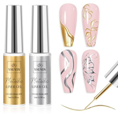 Yueshop Metallic Gel Nail Polish, 2PCS Gold Silver Nail Polish 3D Mirror | Chrome Gel Nail Polish with Thin Brush, Liner Gel Set for Painting, DIY French Manicure Salon at Home, Soak Off UV/LED, 8ml