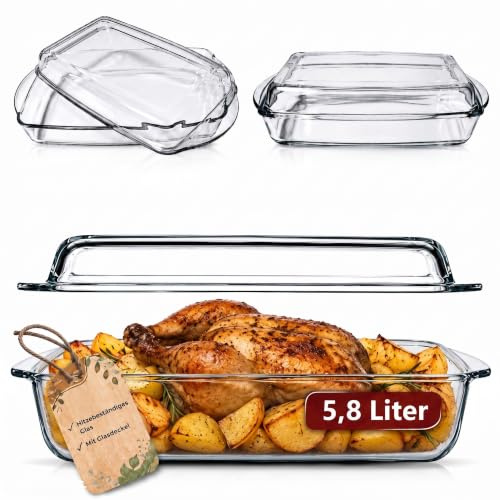 BigDean Auflaufform mit Deckel & Griffen 5,8L Glasauflaufform Glas Bräter | rechteckiger Glasbräter aus hitzebeständigem Glas, Ofenform für Fleisch, Lasagne, Backofen