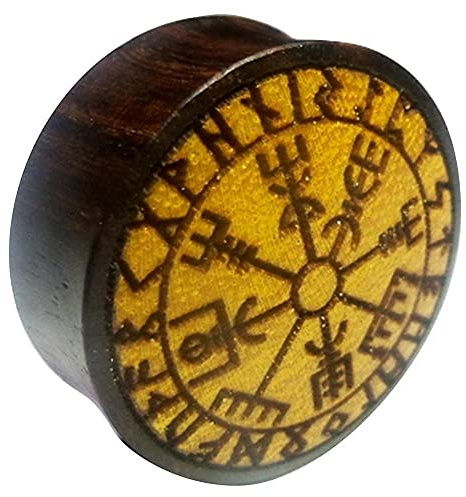 CHICNET Flesh Plug Vegvisir Runen Kreis Holz Sonoholz Jackfrucht Double Flared Tunnel Expander Dehner |Lobe Piercing Damen Herren braun hell dunkel | Dehnstäbe Handarbeit Wikinger Kompass Viking