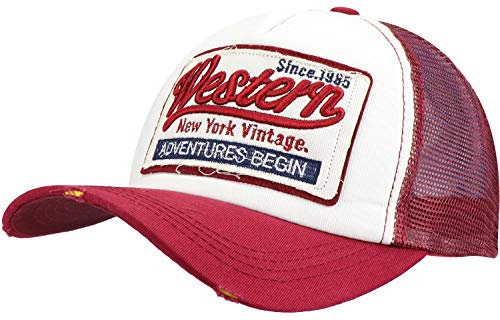 Wilhelm Sell® Mesh Baseballcap Western New York Vintage Used Look - rot - Größe verstellbar: 50 cm bis 60 cm Kopfumfang