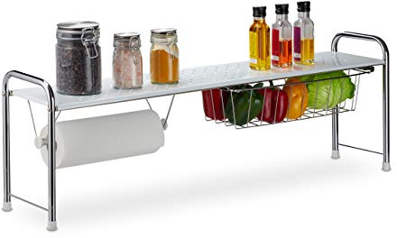 Relaxdays Ripiano Salvaspazio per Cucina, con Portarotolo, Mensola Sopra Lavello con Cestino, 32x94x23 cm,Bianco/Argento