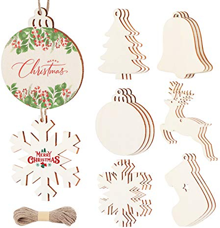 ilauke 110pcs Wooden Christmas Decoration, 6 Style Wooden Christmas Crafts, Xmas Tree Hanging ornaments With Holes and String for Xtmas DIY Crafts