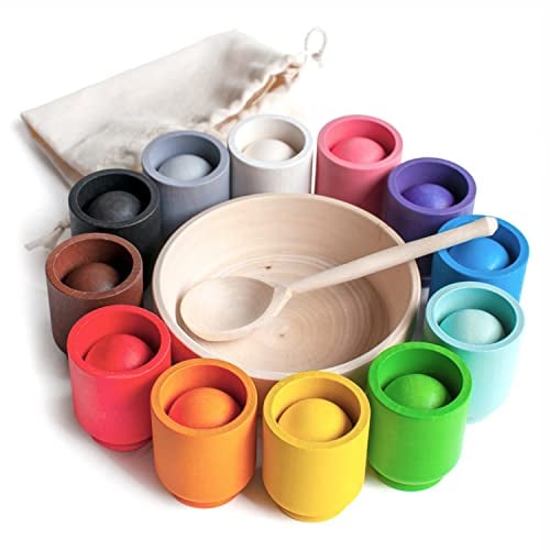 Ulanik Bälle in Tassen Montessori Spielzeug Holz Sorter Spiel 12 Bälle 30mm Alter 1+ Farbe Sortierung und Zählen Vorschule Lernen Bildung