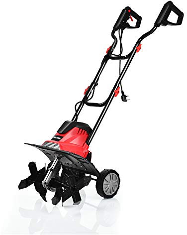 TANGZON Electric Tiller, 1200W/1500W Lawn Scarifier with 4/6 Tiller Blades, Adjustable Wheels and Foldable Handle, Mini Cultivator for Soil Loosening (35cm, Red)