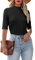 Dressmine Women's Summer Slim Fitted Plain T Shirt Casual Half Sleeve Mock Turtle Neck Tops Blouse Black Large