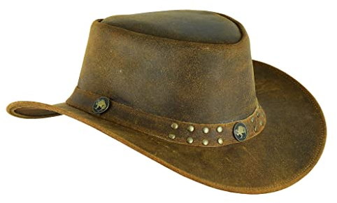 Leatherick Cowboyhut - Brauner geflochtener Hut Conchos-Nietenhut Jahrgang Outback-Hut Stil mit breiter Krempe und Kinn Kordel (XL, Braun (Stud))