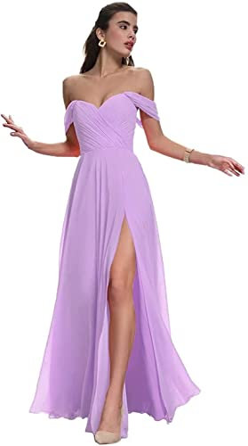 N/ C Vestidos de dama de honor para mujer, con hombros descubiertos, de gasa, vestido de graduación, vestidos formales para invitados de boda, Lila, 36