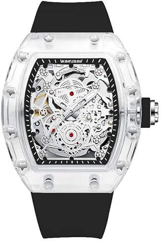 KIMSDUN-Stylish Skeleton Sport Watches, Waterproof, Automatic Mechanical Wristwatch, Transparent Tonneau Case Casual Watch, Silicone Strap for Men Unisex Gift