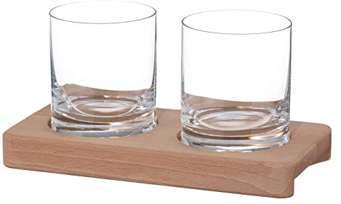 DIAMANTE Auris Whisky Tumblers with Tray - Premium Undecorated Lead Free Crystal - Set of 2 with Wooden Serving Tray