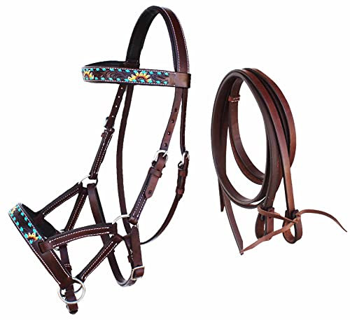 CHALLENGER Hackamore 77RS27BR Zügel für Pferde, Western, Leder, gebisslos