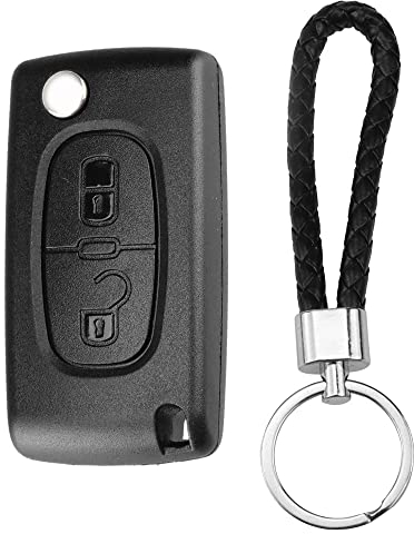 Guscio per Chiave Auto Telecomando 2 Tasti Compatibile con Peugeot 207 307 308 407 607 807 e Citroen C2 C3 C4 C5 C6 Picasso Ricambio Custodia Chiave Cover con Portachiavi in Pelle