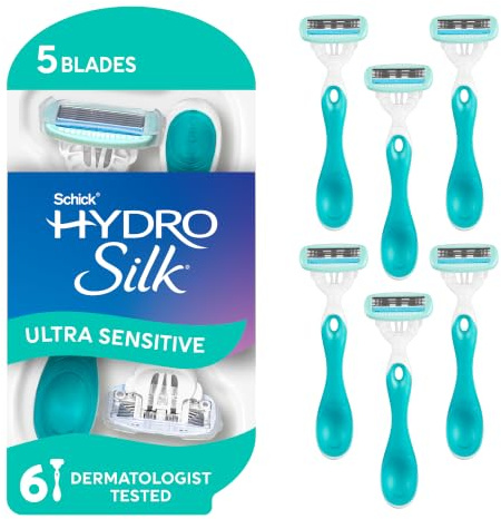 Schick Hydro Silk Sensitive Women's Disposable Razors, 6ct | 5-Blade Disposable Razors for Women Sensitive Skin | Travel Razor for Women