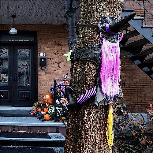 Oneshlee Beleuchteter Hexen, Leuchtend Halloween Deko Outdoor Garten Baum, Gruselig Hexe Deko Figuren Groß Hängend, Halloween Dekoration Mit LED Licht, Für Draußen Balkon Zau Tür Fenster Wand