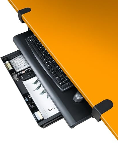 EHO Keyboard Tray with Drawer - Clamp On Under Desk Pull Out Extender Table Attachment Platform with Storage Organizer, Large 27.5 (31.8 Including Clamps) x 12.2, Height Adjustable for Home Office
