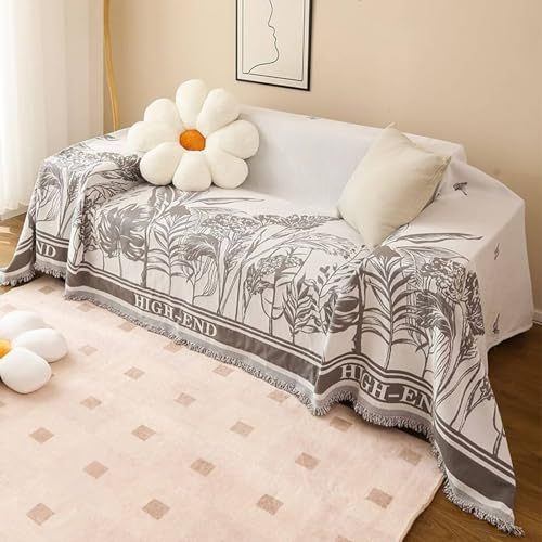Mesnt Bezug für Sofa, Grau Waschbar Sofa Protection Cover Schonbezug Couch mit Tropische Blattpflanzen aus Chenille, 180x360cm
