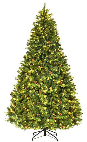 COSTWAY Árbol de Navidad Artificial Verde 240cm, Arbol de Navidad con 600 Luces Incorporadas Soporte de Metal, 81 Conos de Pino, PVC y PE, Arvore de Natal Hogar Fiesta Interior (240CM)