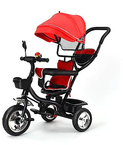 Homewell Dreirad mit Schubstange, Laufrad ab 1 Jahre, Kinderdreirad Kombiniert Trolley und Ride Funktionen, mit Faltbar, Abnehmbar Sonnendach und Pedal für Kinder unterschiedlichen (01, Rot)