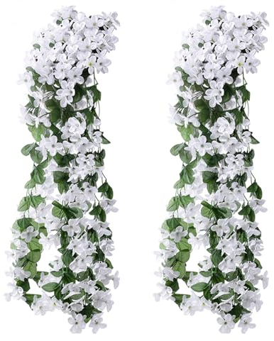 LOREC 2 Stück Kunstblumen Hängend Weiß 70CM Kunstblumen Veilchen Efeu Künstlich Künstliche Blumen Hängend Glyzinien Hängeblumen Künstlich Hängende Blumen für Garten Hochzeiten zu Hause