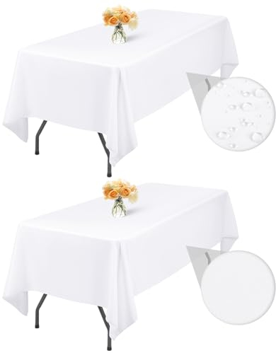 2-Packung Weißer 153x260cm Rechteck Tischdecke Abwischbar, wasserdichte Fleckenbeständige Waschbare Polyester Stoff Tischdecke für Hochzeitsfeier Geburtstag Buffet Camping Drinnen Draußen