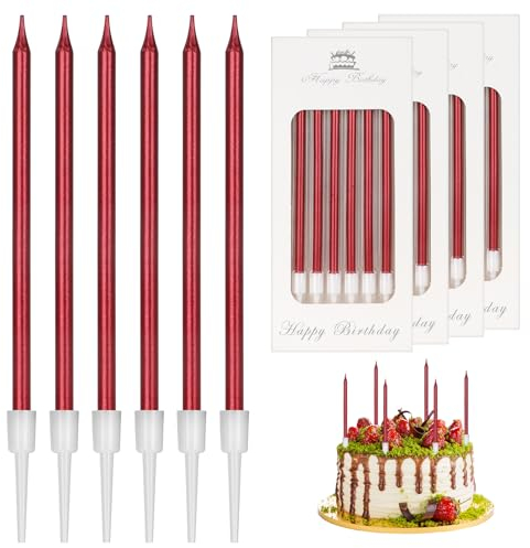 LFBEST 24 Stück Goldene Kerzen für Geburtstagskuchen, Lange Dünne Cupcake Dekoration für Torte, Party, Hochzeit (Rot)
