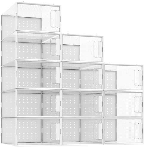 Pinkpum 12er Schuhboxen Stapelbar Transparent Schuh-Organizer Faltbar Hartplastik Schuhkarton mit Deckel, Schuhaufbewahrung für Stöckelschuhe, Stiefeletten, bis Größe 44 Weiß