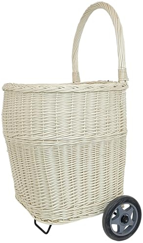 WEECO Großer Einkaufskorb aus Weide in Weiß - Einkaufstrolley - Transportkorb mit Rollen, Marktwagen, Holzkorb, Einkaufswagen aus Weide Gross, Trolley für Kaminholz 93x50x48cm