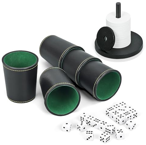 Schocken Set 5 Würfelbecher Leder 25 Würfeln Schockbesteck Holz mit 14 Scheiben und Ständer Schockbesteck Set für Jule Meiern Maxen Mörkeln Schwarz und Weiß 10X10cm