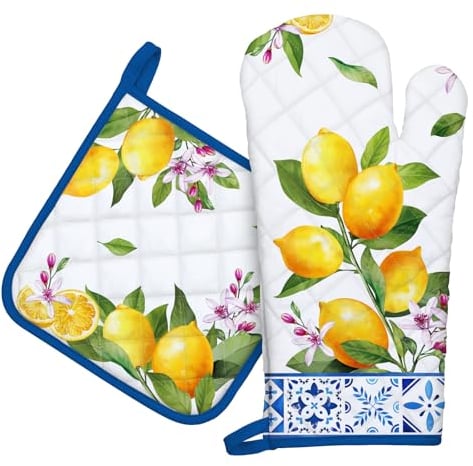 Arquiel Lemon Oven Mitts and Pot Holders -100% Cotton, Heat Resistant Extra Long Oven Gloves & Hot Pads for Cooking BBQ Grilling Baking Gift, Set of 2