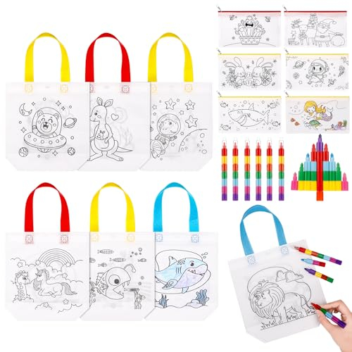 Lvefyti 6 Stück Stoffbeutel zum Bemalen für Kinder, 6 DIY Blanko Stoffbeutel Federmäppchen mit 6 Stapelbare Wachsmalstifte, Taschen Bemalen Bastelset Kindergeburtstag, Kindergeburtstag Gastgeschenke