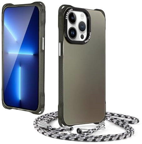 Coiwxmoi Funda con Cuerda para iPhone 13 Pro MAX 6,7, Suave Silicona TPU & Hard PC Colorido Mate Carcasa Anti-Choque Antiarañazos Bumper Protector Case con Ajustable Colgante Collar Correa, Negro