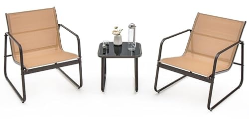 GOPLUS 3tlg. Gartenmöbel Set, Bistroset mit 2 Gartenstühlen & Beistelltisch, Balkonset Balkonmöbel Terrassenmöbel, Sitzgruppe Sitzgarnitur Outdoor für Garten Hof Veranda Terrasse, Braun