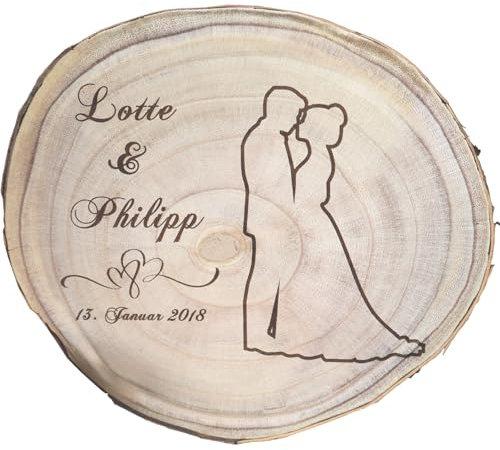 Baumscheibe mit Gravur Name und Datum Hochzeitstag Jahrestag Geburtstag Geschenkidee Brautpaar Hochzeitsgeschenk dekorativ Personalisierte Holzscheibe (Baumscheibe 30 cm - Brautpaar)
