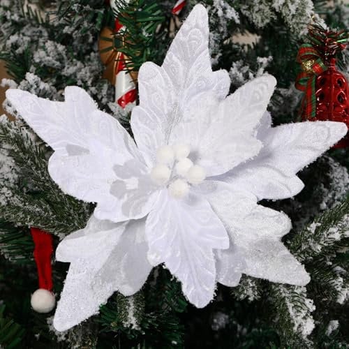 GL-Turelifes 11.8’’ Large Christmas Flowers 6 Pcs Artificial Poinsettia Flower Velvet Christmas Tree Flower Ornaments Fold Floral for Christmas Decorations New Year Party Wedding (White)