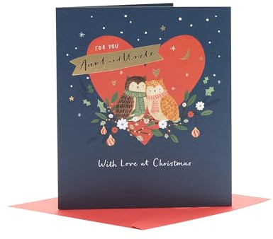 UK Greetings Weihnachtskarte für Tante & Onkel – Festliches Eulen-Design
