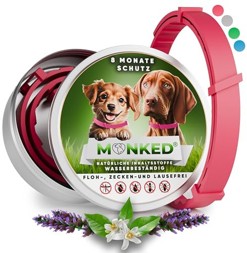 Monked | Natürliches Halsband für Hunde ohne Chemie | Verstellbar für kleine & große Tiere | Bis zu 8 Monate Schutz | Anti-Zecken & Flohschutz | Langanhaltender Zeckenschutz Hund [Pink]