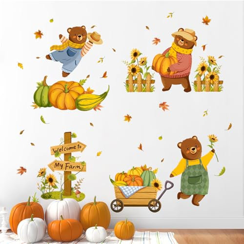 Tanlaby Tiere Kürbis Wandaufkleber Herbst Bären Ahornblätter Wandsticker Sonnenblumen Willkommen Bauernhof Herbst Wanddeko für Kinderzimmer Babyzimmer Schlafzimmer Küche Esszimmer