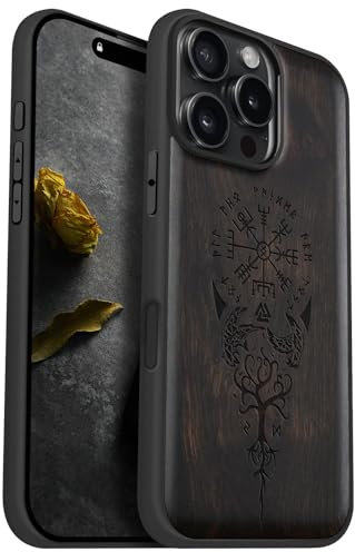 Carveit Magnetic Wood Case for iPhone 16 Pro Max [Solid Wood & Black Soft TPU] Shockproof Protective Cover Unique Wooden Case Compatible with magsafe (The Guiding Vegvisir -Blackwood)