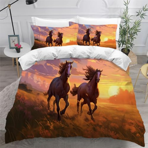 NYSMGS Bettwäsche 135x200 Mädchen Jungen Pferd 3D Druck Leicht Mikrofaser Bettbezug Sonnenuntergang Tiere Zimmer Dekor Bettwäsche-Sets 3Teilig mit Reißverschluss und 2 Kissenbezüge 80x80 A584