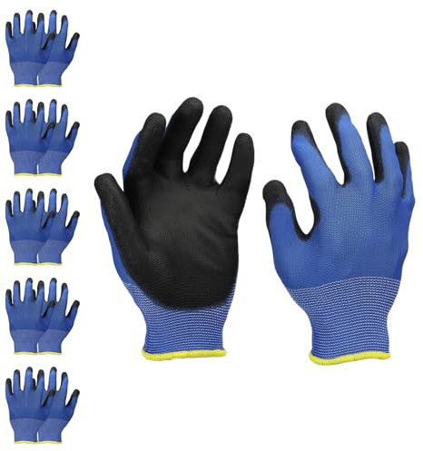 PATIKIL Safety Work Gloves, 6 Pair PU Coated Seamless Knit Gardening Glove with Grip for Woodworking Construction Warehouse Yard Work, Blue, Medium Size