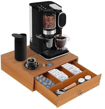 Boîte à capsules de café, distributeur de capsules avec tiroirs, 35 x 28,6 x 9,7 cm, organisateur de rangement pour café, 4 compartiments, couleur bois