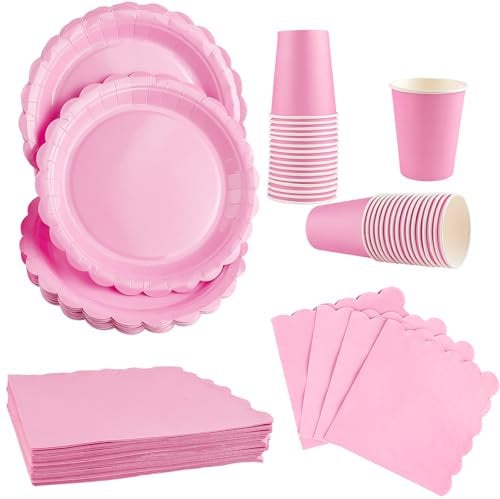 48PCS Baby Pink Disposable Party Tableware Set Includes 7 Party Paper Plates 9oz Paper Cups and 6.5 x 6.5 Paper Napkins for Baby Shower, Birthday Party, Wedding, Afternoon Tea (16 Guests)